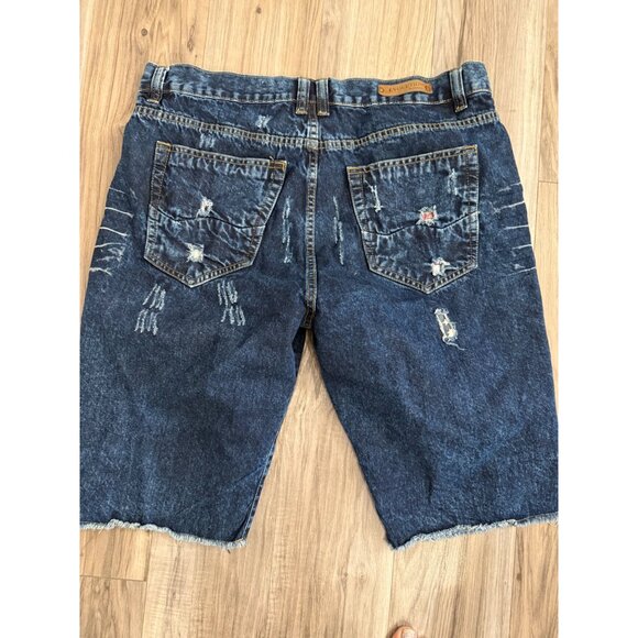 Y2K Evolution In Design Distressed Denim Shorts 38 Patches Frayed Hip Hop Skater - Picture 8 of 10